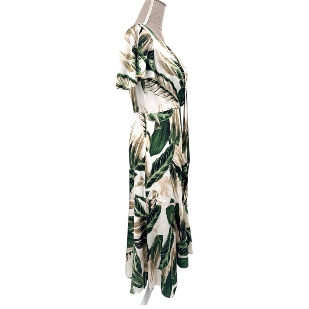 Great Jones Tropical Leaf Print Midi Dress Green Ivory Asymmetrical Hem Size 4 - Picture 8 of 13
